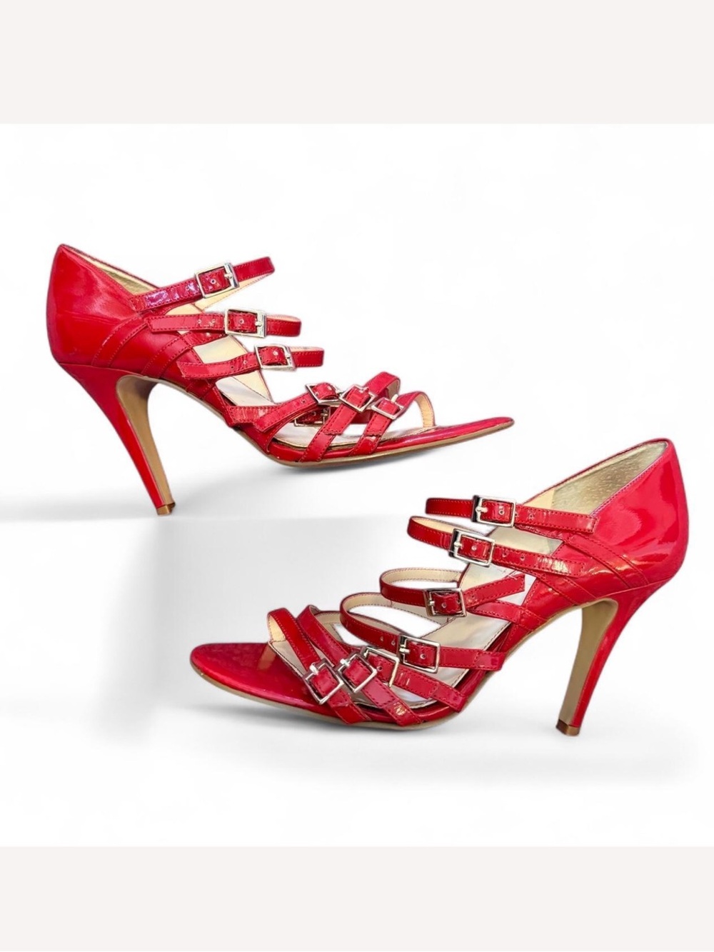 NINE WEST Red leather Strappy gold buckles high heel sandals - Size US 7